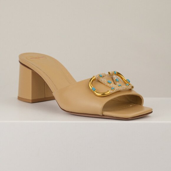 Valentino Crystal-Embellished VLogo Signature Leather Slides, Cappuccino,EU 40.5 - Picture 1 of 12